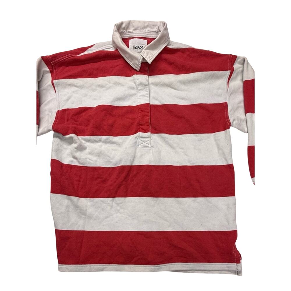 Aerie Women Red and White Striped Rugby Shirt Size Medium y2k